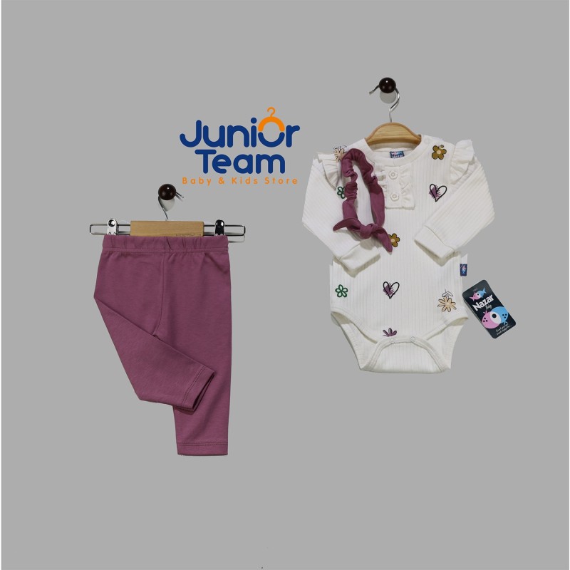 Çiçek Baskılı Raporlu İnterlok Kız Bebek Takım Beyaz