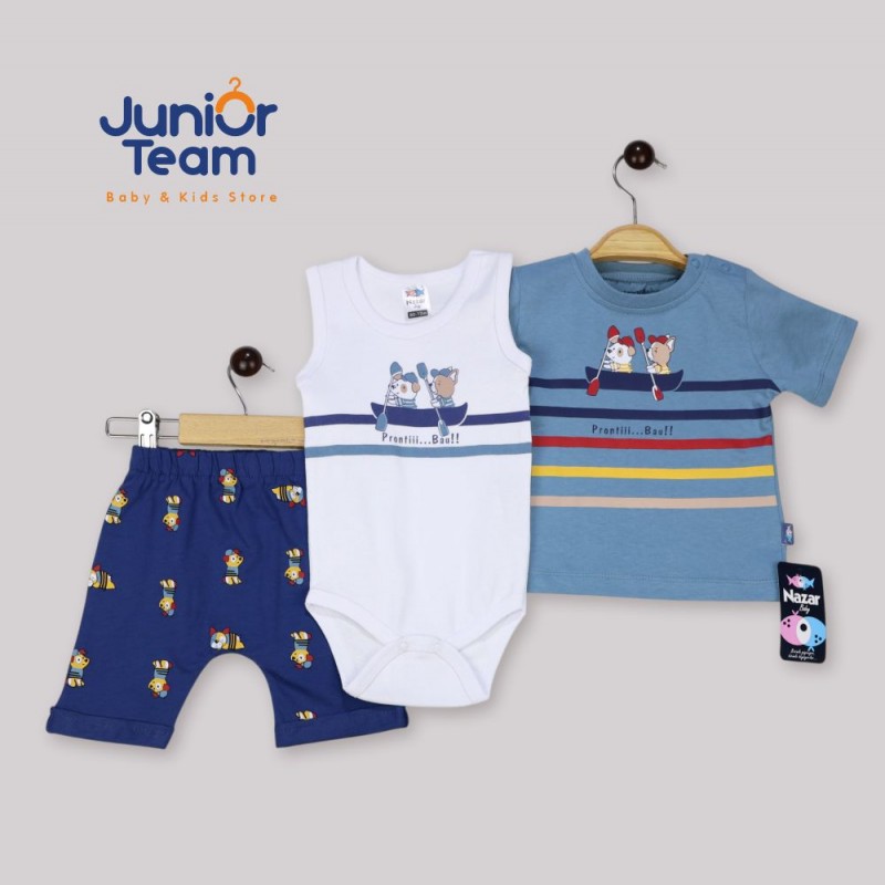 Kayıklı Ayıcık Baskılı Erkek Bebek Takım Mavi