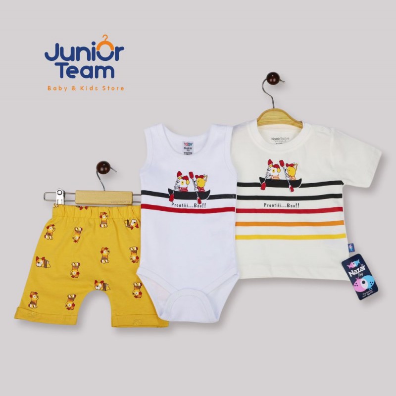 Kayıklı Ayıcık Baskılı Erkek Bebek Takım Ekru
