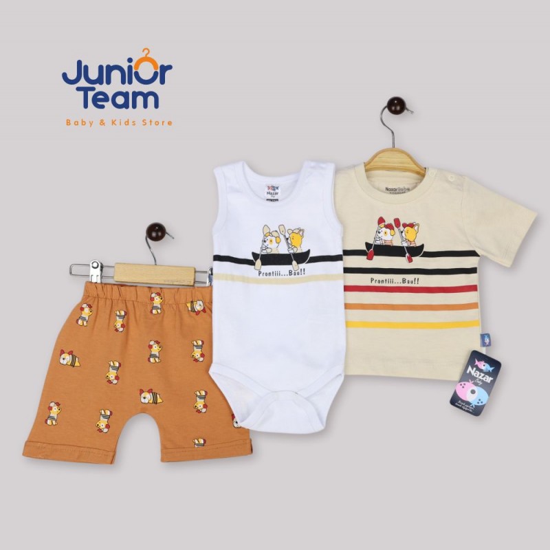 Kayıklı Ayıcık Baskılı Erkek Bebek Takım Açık Kahve