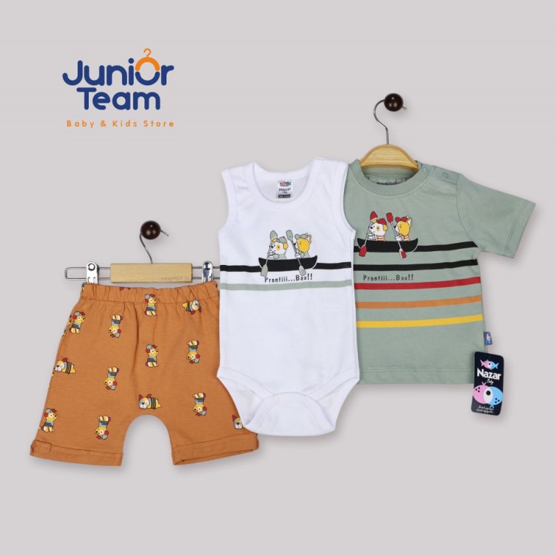 Kayıklı Ayıcık Baskılı Erkek Bebek Takım Çağla Yeşili