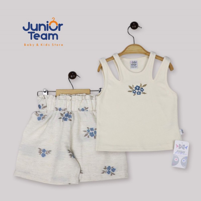 Askılı Dokuma Şortlu Kız Çocuk Takım Açık Ekru