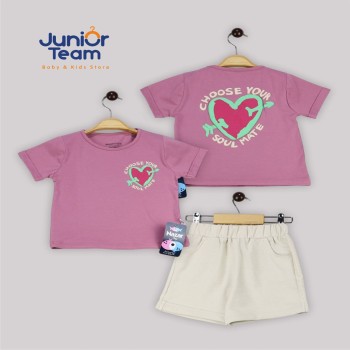 Kalp Baskılı Kız Çocuk Takım Gül Kurusu