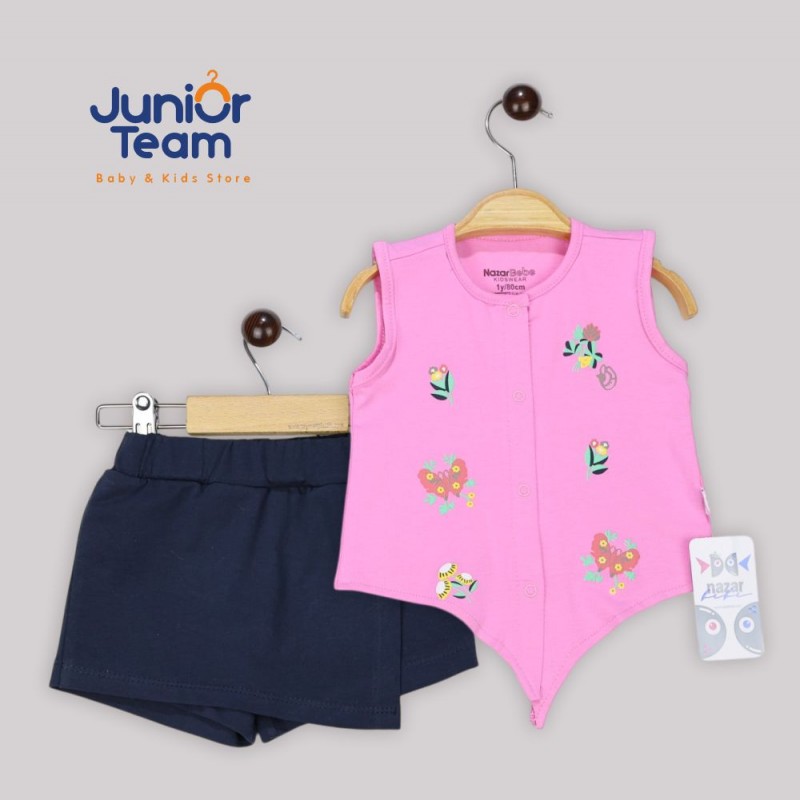 Çiçek Baskılı Şort Etek Kız Bebek Takım Pembe