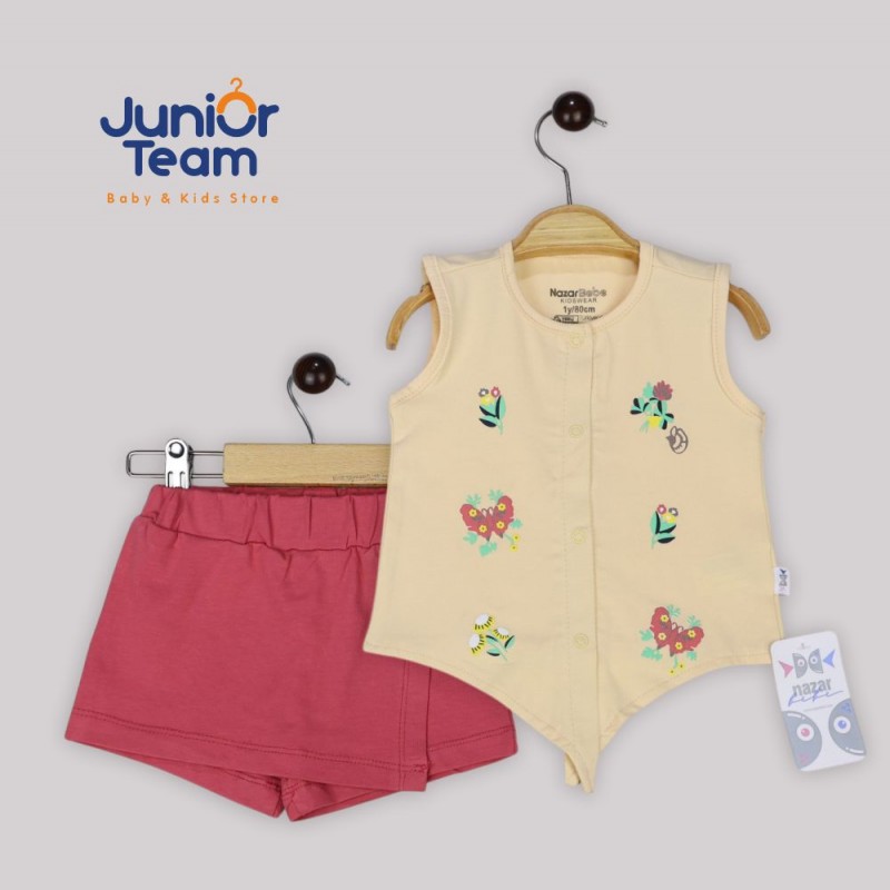 Çiçek Baskılı Şort Etek Kız Bebek Takım Kavun