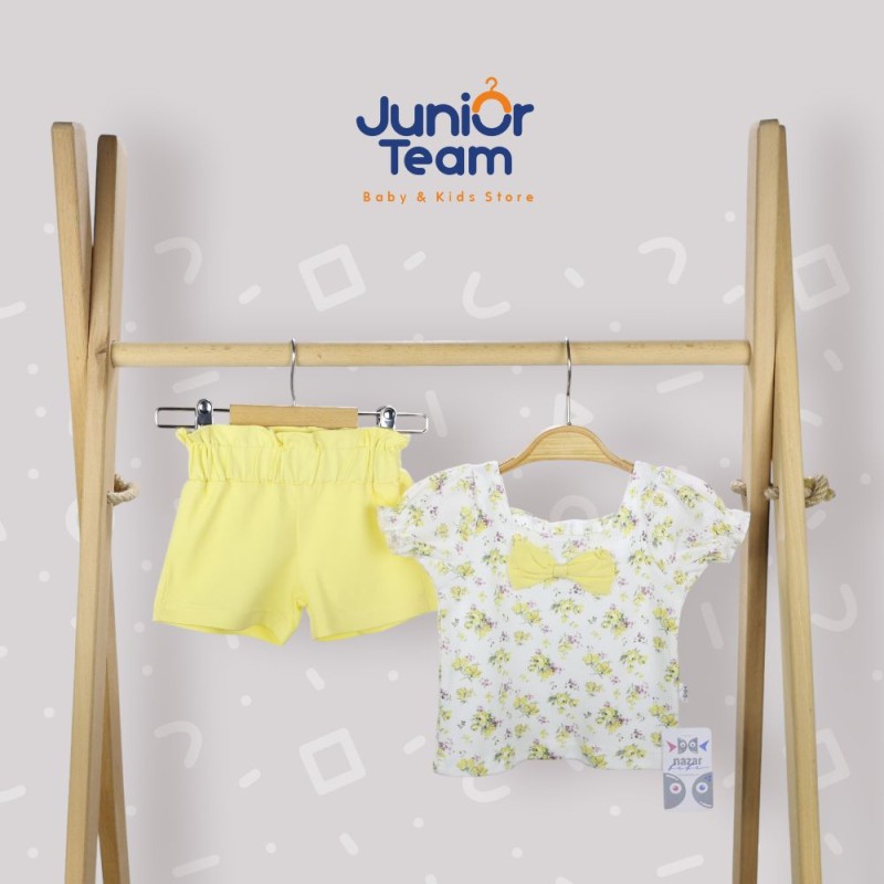 Çiçek Baskılı Fiyonklu Kız Bebek Takım Sarı