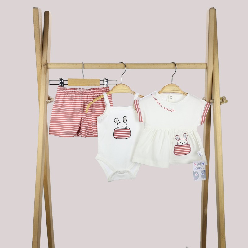 Tavşan Cepli Kız Bebek Takım Kırmızı