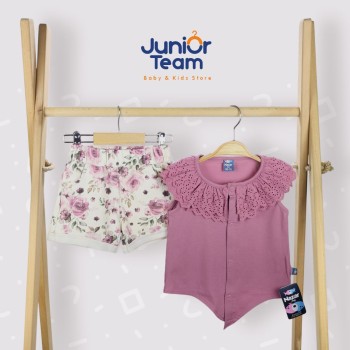 Güpür Yakalı Kız Çocuk Takım Koyu Gül Kurusu