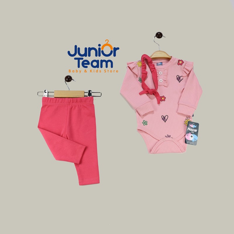 Çiçek Baskılı Raporlu İnterlok Kız Bebek Takım Pembe