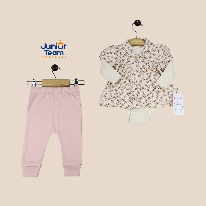 Çiçek Baskılı Raporlu İnterlok Kız Bebek Takım Pudra