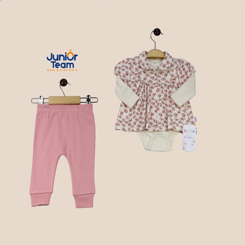 Çiçek Baskılı Raporlu İnterlok Kız Bebek Takım Gül Kurusu