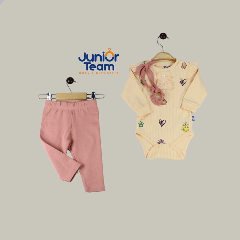 Çiçek Baskılı Raporlu İnterlok Kız Bebek Takım Pudra