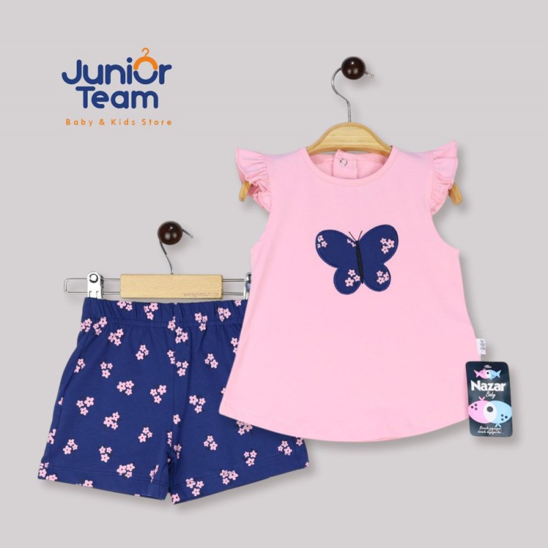 Kelebek İşlemeli Kız Bebek Takım Pembe