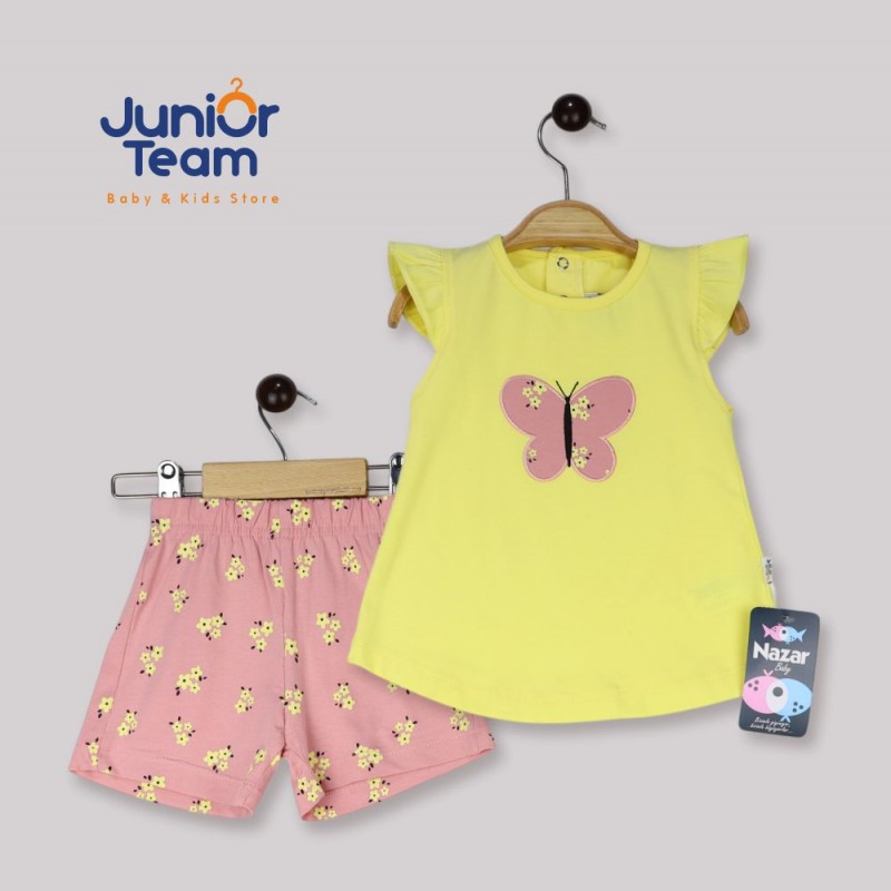 Kelebek İşlemeli Kız Bebek Takım Açık Sarı