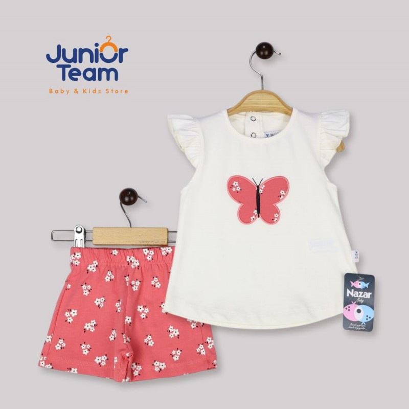 Kelebek İşlemeli Kız Bebek Takım Açık Ekru