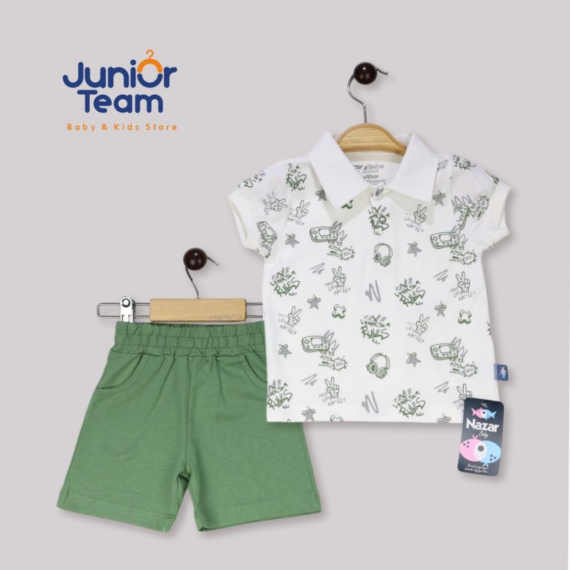 Kulaklık Baskılı Erkek Bebe Takım Yeşil