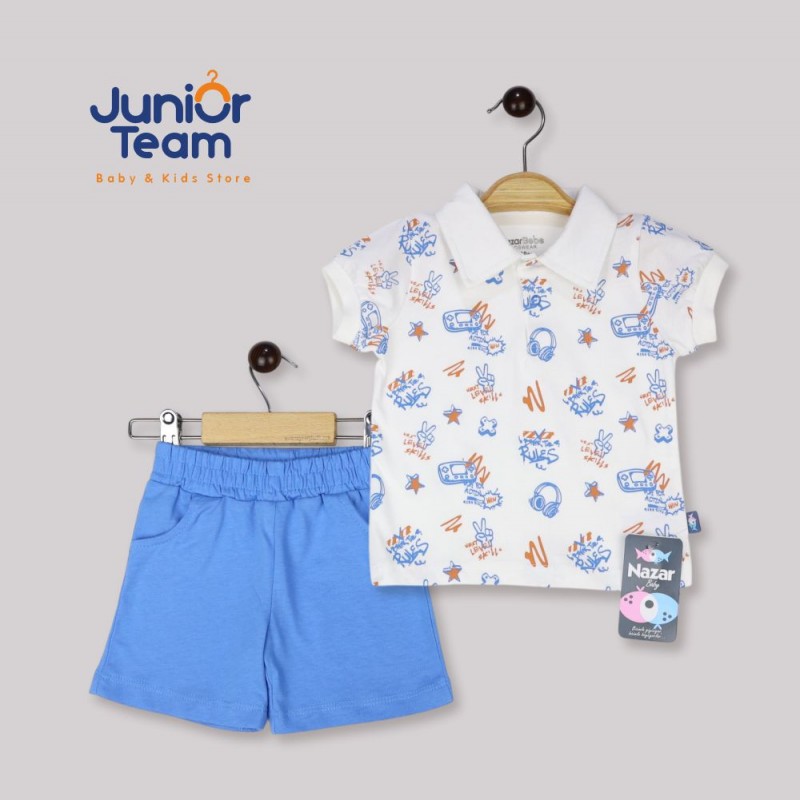 Kulaklık Baskılı Erkek Bebe Takım Mavi