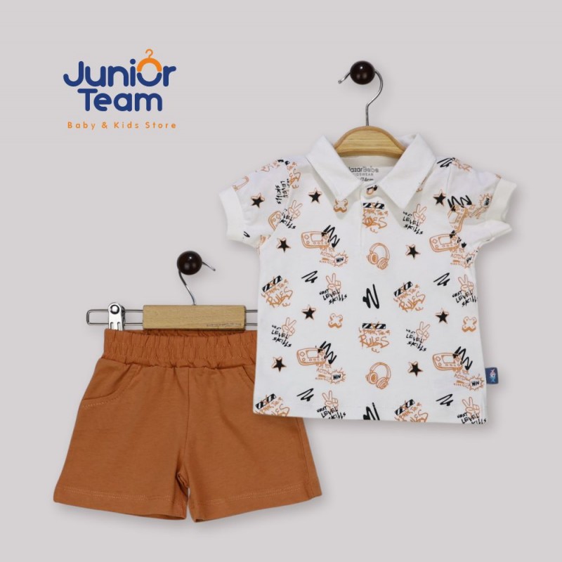 Kulaklık Baskılı Erkek Bebe Takım Kahve