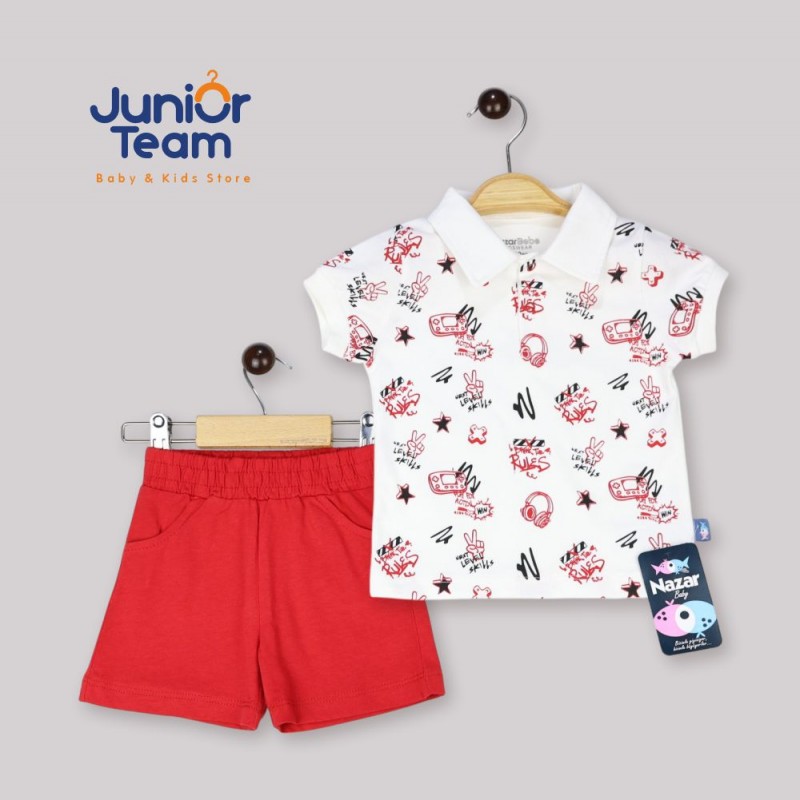 Kulaklık Baskılı Erkek Bebe Takım Kırmızı