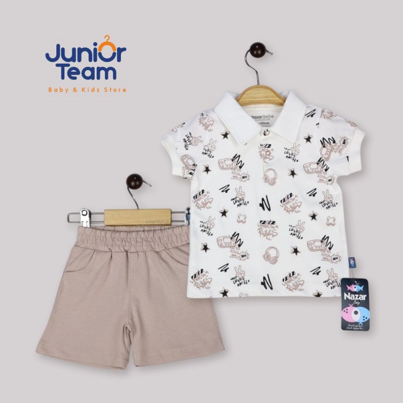 Kulaklık Baskılı Erkek Bebe Takım Vizon