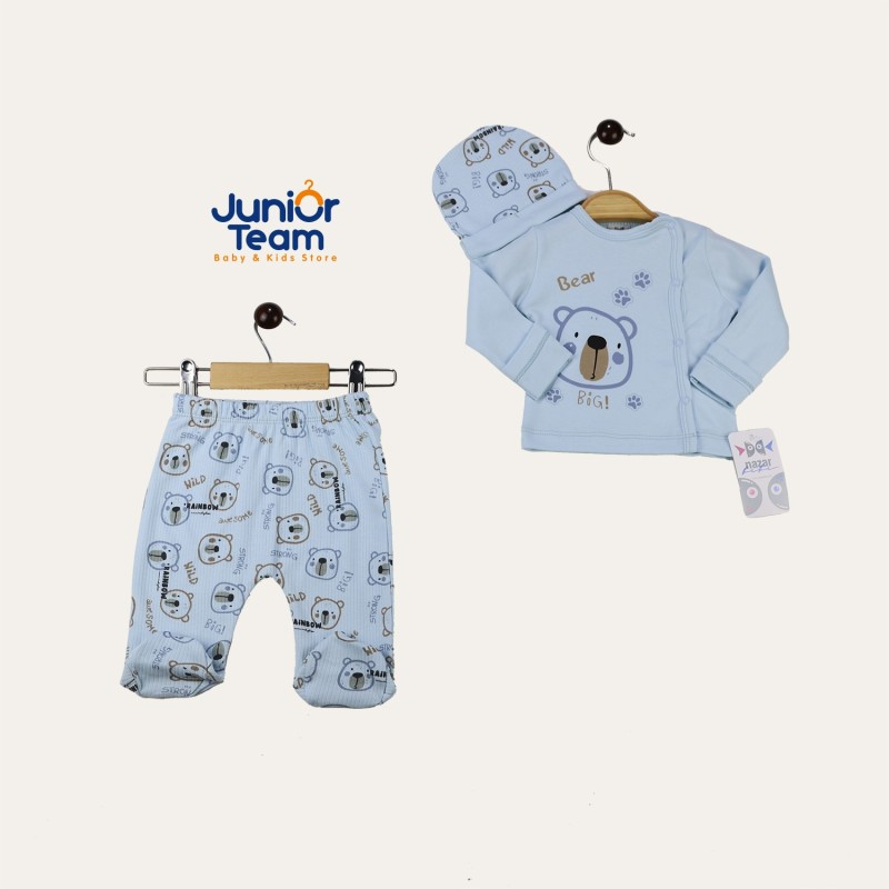 Ayı Desenli İnterlok Erkek Bebek Takım Mavi