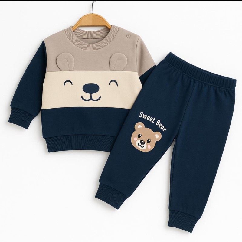 Ayıcık Baskılı Erkek Bebek Takım Gri