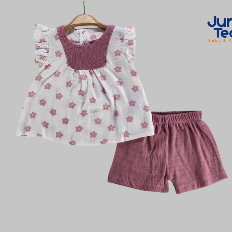 Papatya Desenli Müslin Kız Bebe Takım Gül Kurusu