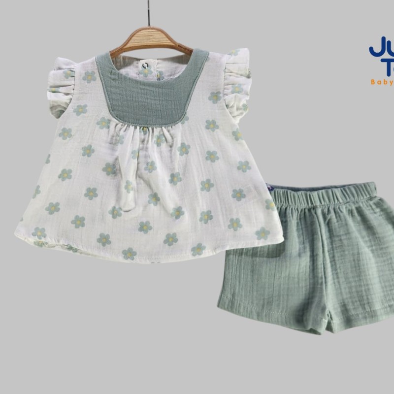 Papatya Desenli Müslin Kız bebe Takım Yeşil