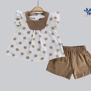 Papatya Desenli Müslin Kız bebe Takım Kahve