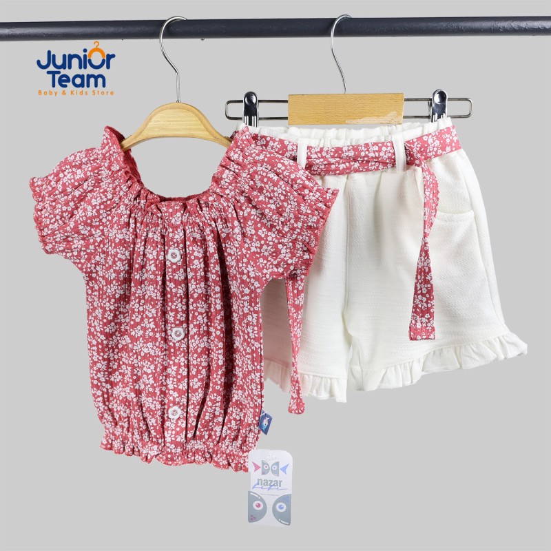 Düğmeli Çıtır Desenli Kız Çocuk Takım Kırmızı