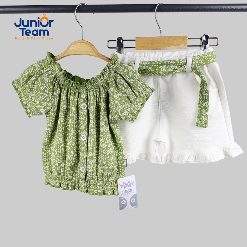 Düğmeli Çıtır Desenli Kız Çocuk Takım Yeşil