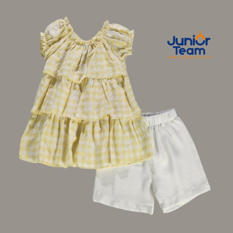Ekose Desenli Viskon Kumaş Kız Çocuk Takım Sarı